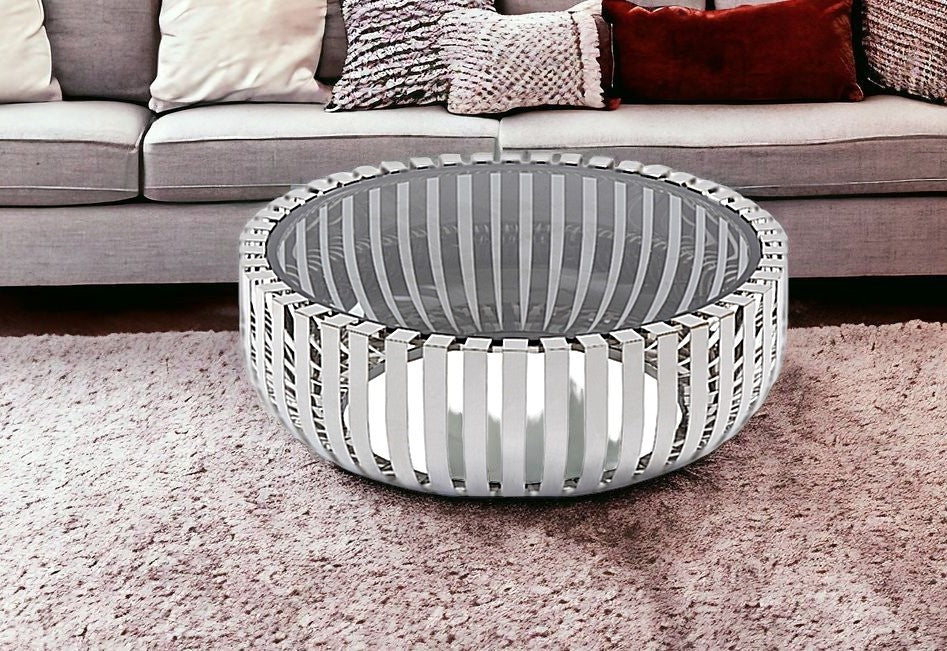 39" Clear And Silver Glass And Stainless Steel Round Coffee Table