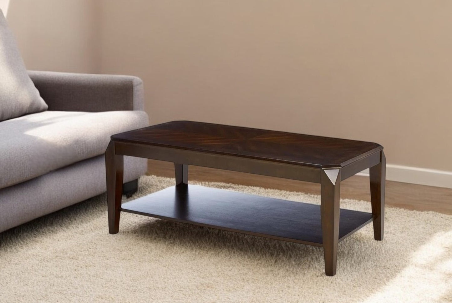 Set of 3 23" Solid Wood Brown Coffee Table With Shelf and End Tables