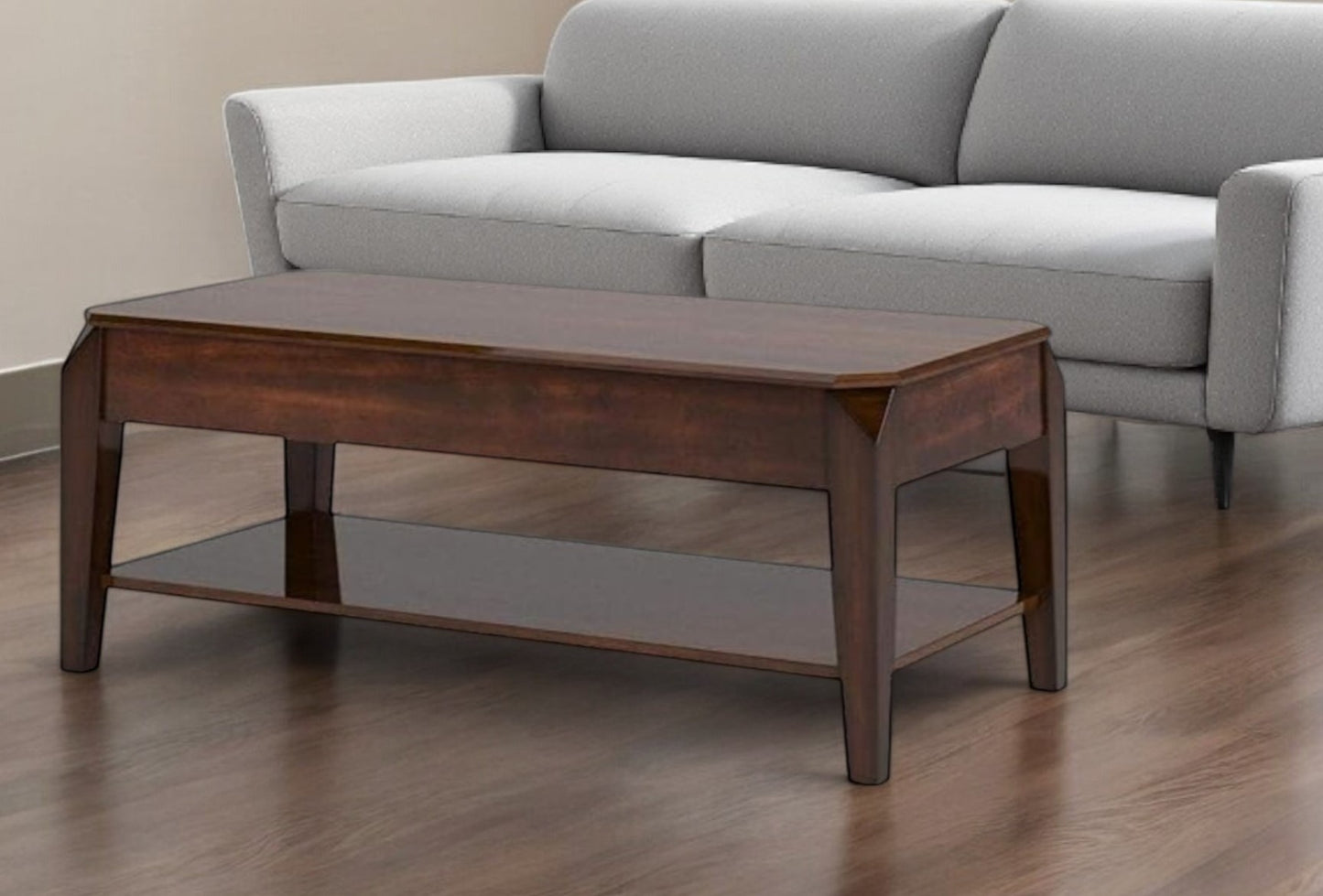 47" Dark Brown Lift Top Coffee Table With Shelf