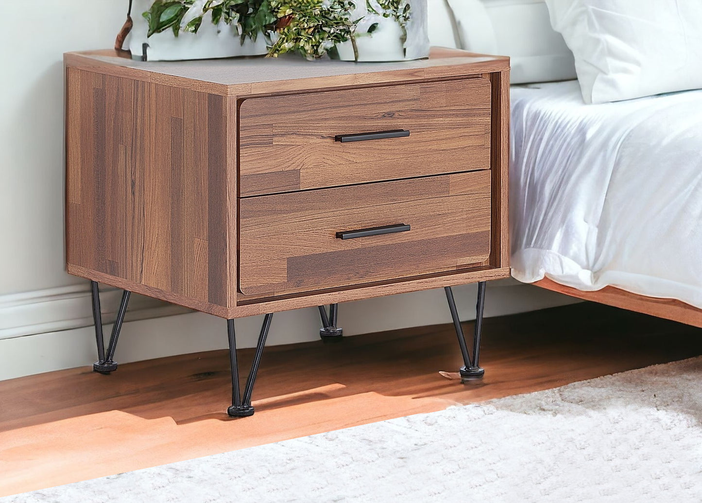 18" Brown Two Drawers Metal Nightstand