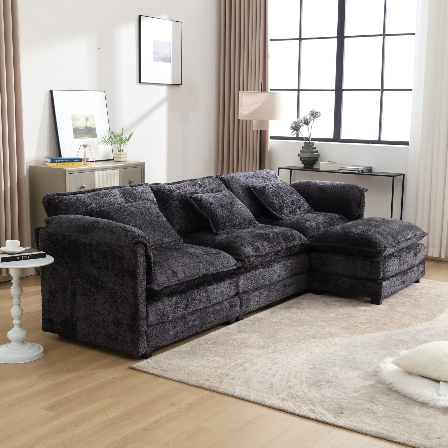 Oversized Boucle Fabric L-Shape Sectional - Movable Pedals with Detachable Armrests