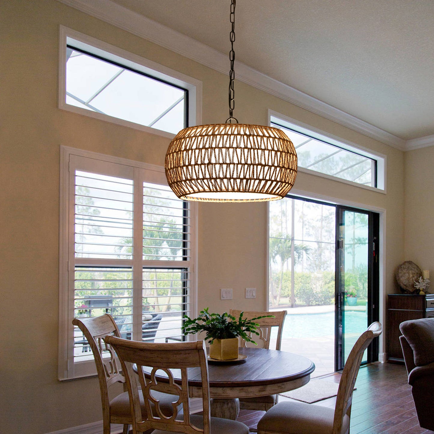 Farmhouse Pendant Light with Adjustable Height, Boho Woven Jute Rope Hanging Ceiling Light Fixture, E26 Base, 60W Max, Compatible with Flat, Vaulted, and Sloped Ceil (Bulb Not Included)