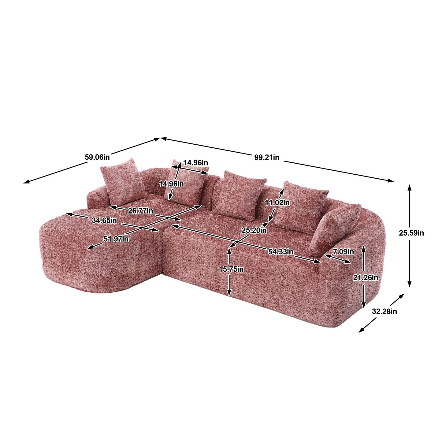 COOLMORE Boucle Sofa 3 Seater for Living Room Oversized Comfy Sofa L-Shape Sofa Couch with Chaise Home Furniture Sleeper Sectional Sofa for Apartment, Office Left Hand Facing (Pink)