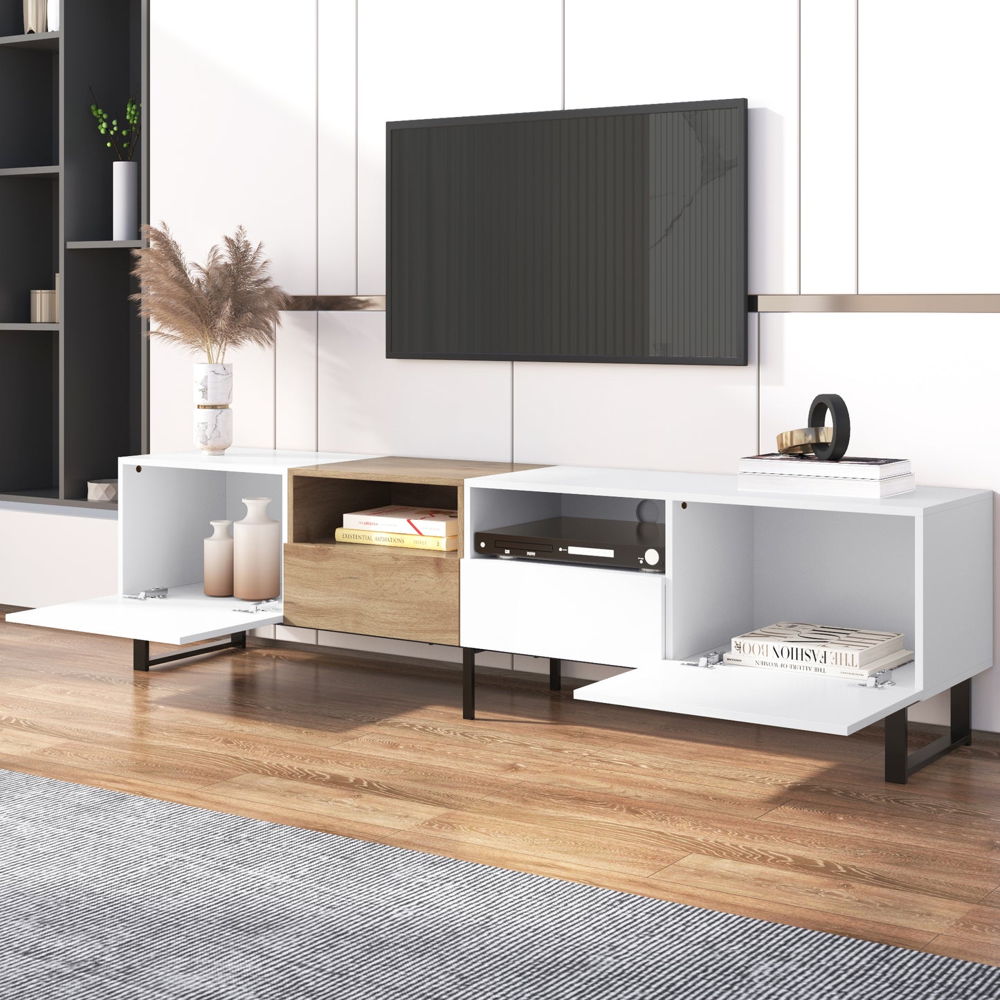 Modern TV Stand with 2 Cabinets & Open Storage Compartment for up to 85'' TV's