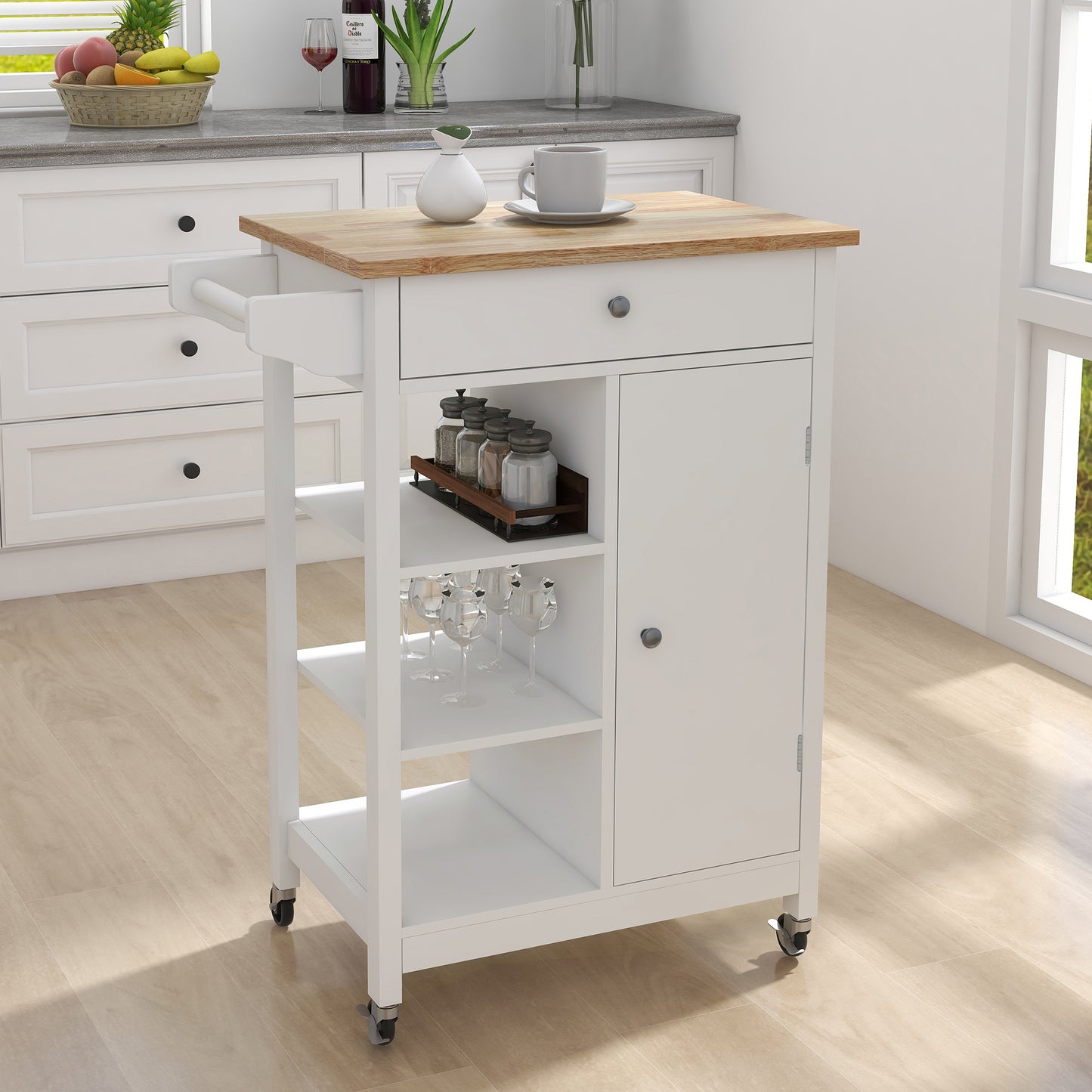 Kitchen island rolling trolley cart with Adjustable Shelves and towel rack rubber wood table top