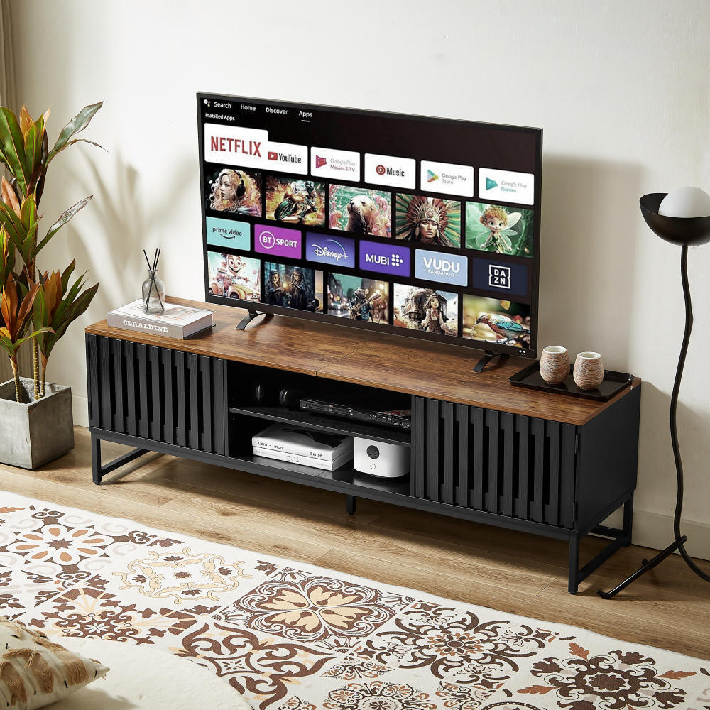 Mid Century Modern TV Stand with Slatted Grille Striped Doors & Storage For up to 65" TV's