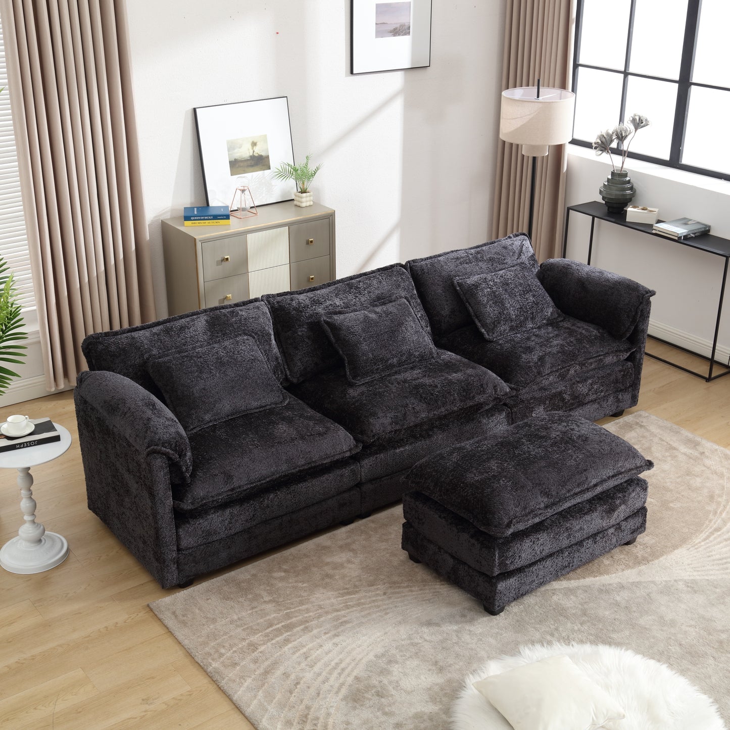 Oversized Boucle Fabric L-Shape Sectional - Movable Pedals with Detachable Armrests