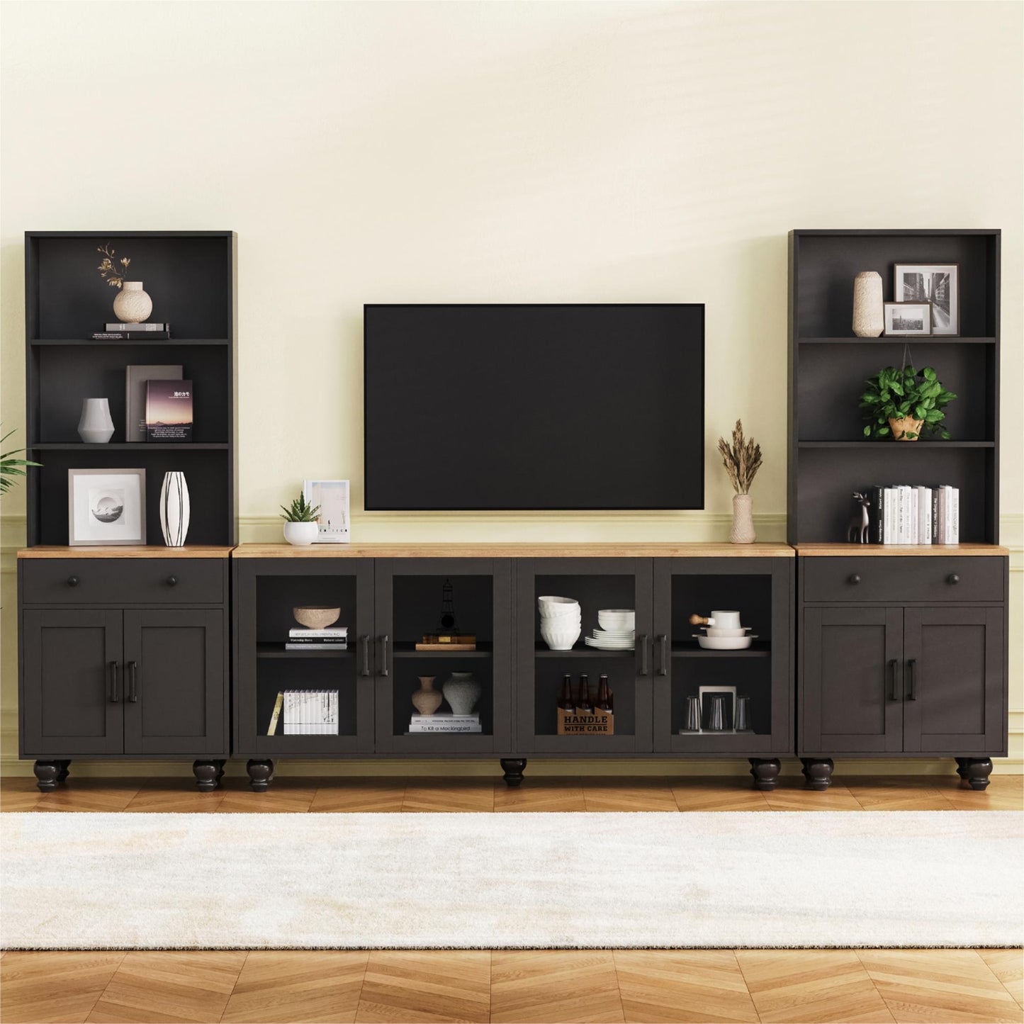 ON-TREND Farmhouse TV Stand with Solid Wood Gourd-Shaped Legs for TVs Up to 70", Entertainment Center with Bookshelves & Tempered Glass Doors, Media Console with Adjustable Shelves, Living Room, Black