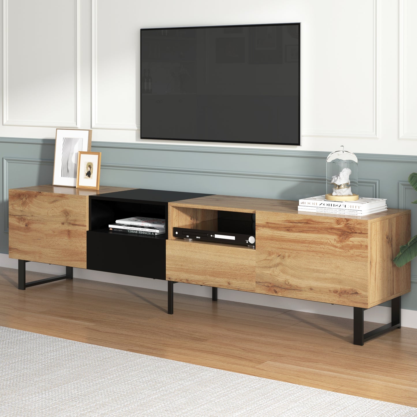 Modern TV Stand with 2 Cabinets & Open Storage Compartment, for TVs up to 85''