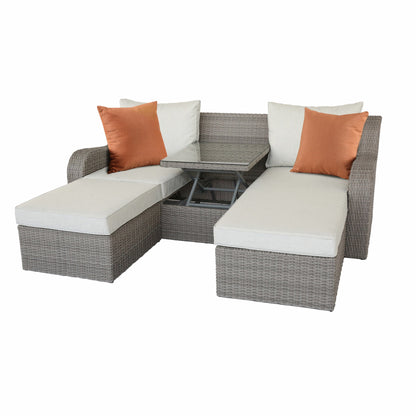 Three Piece Outdoor Gray Wicker Sectional Seating Group with Beige Cushions