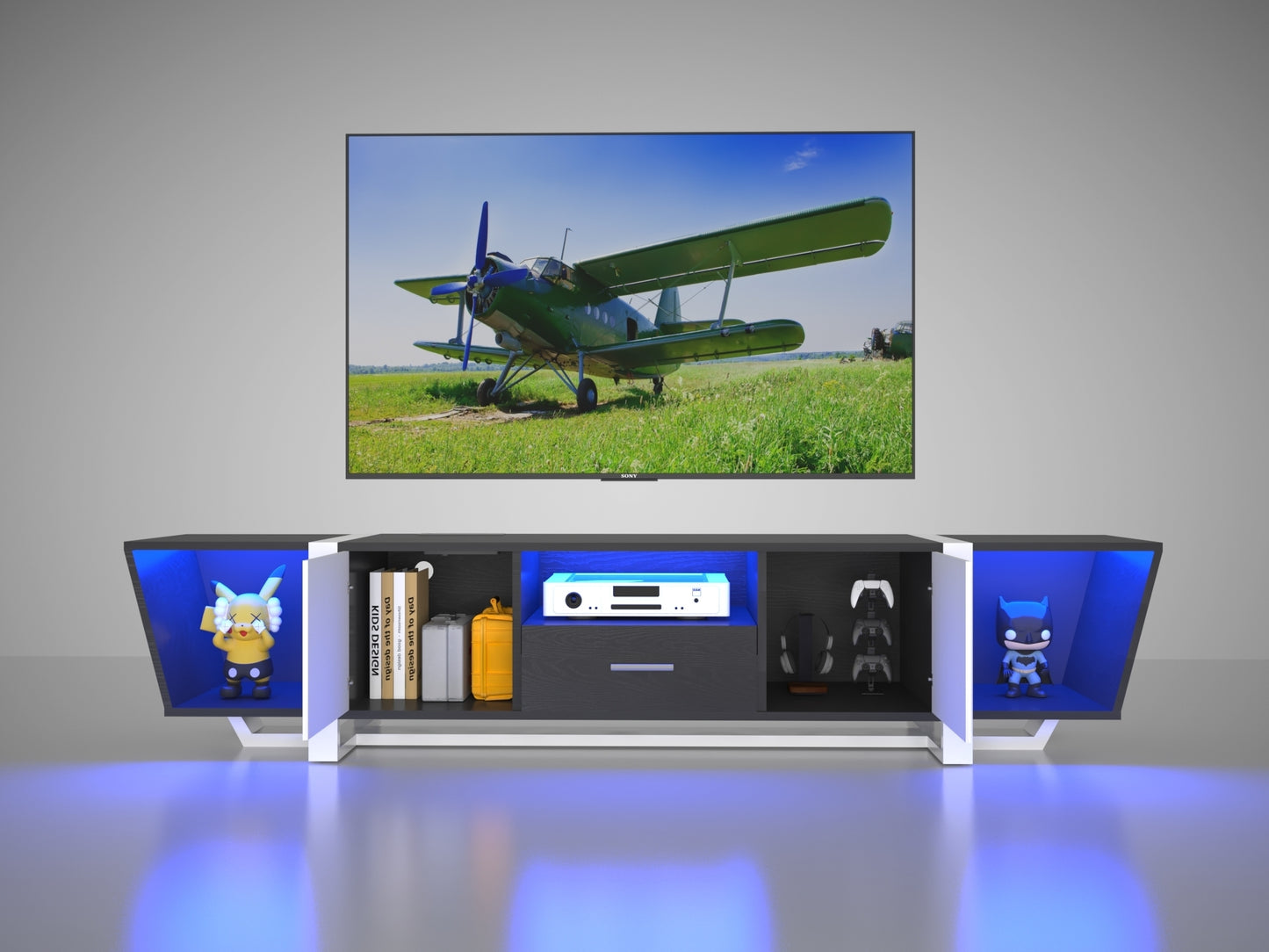 TV Console with Large Storage Cabinets, Biplane Shape Design LED TV Stand with Remote Control, Multiple Modes Changing Lights Modern Entertainment Center with Power Cord, Black