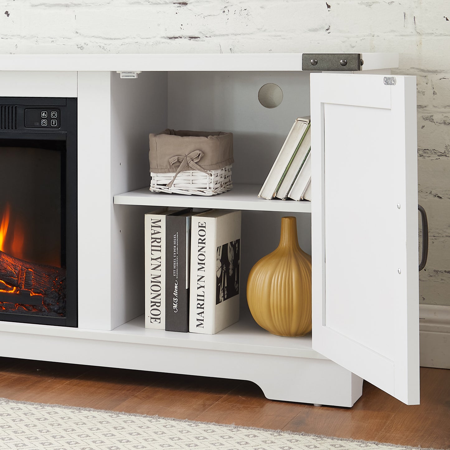 Modern Farmhouse TV Stand with 23'' Fireplace Insert, Barn Door Console For up to 70'' TV's