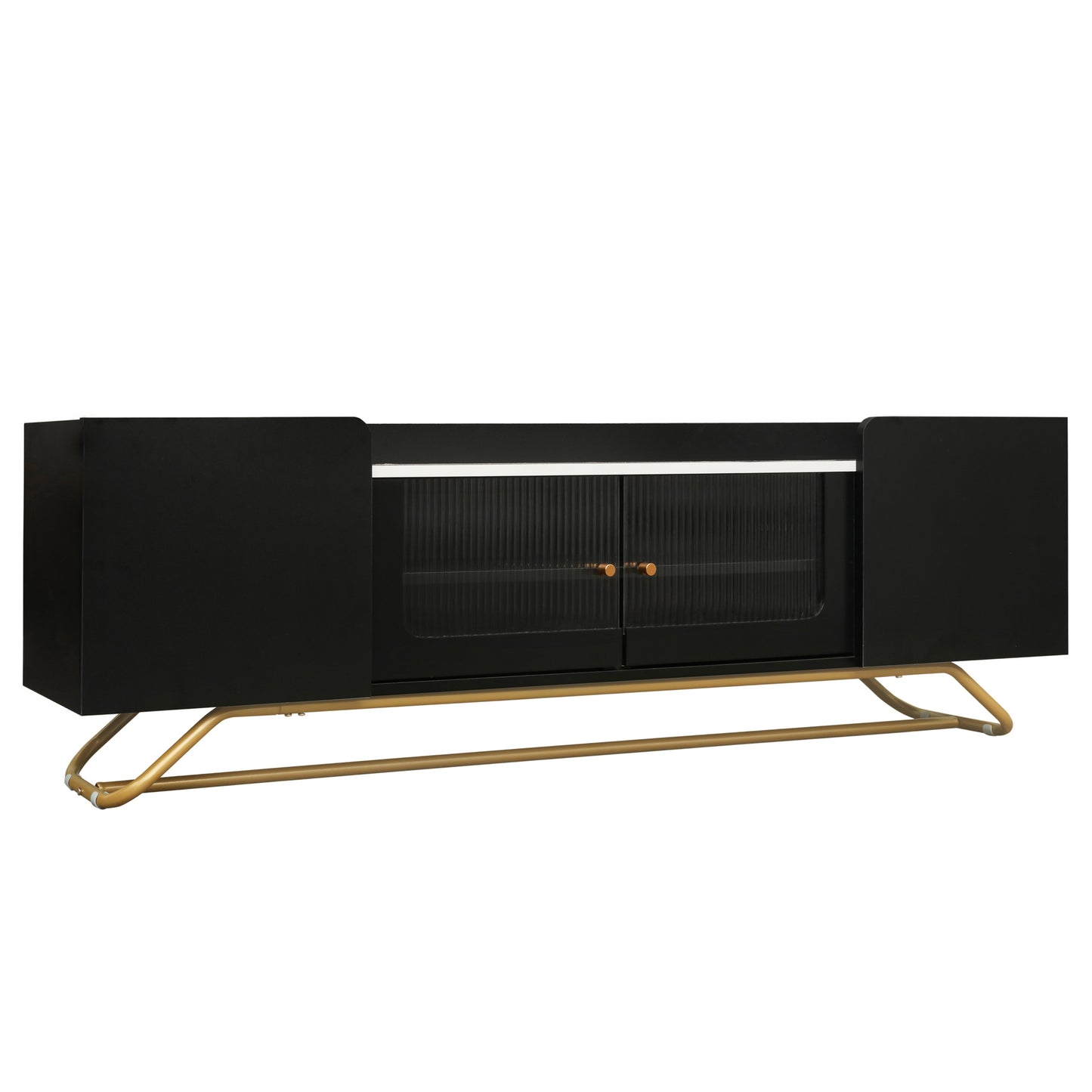 ON-TREND Sleek Design TV Stand with Fluted Glass, Contemporary Entertainment Center for TVs Up to 70", Faux Marble Top TV Console Table with Gold Frame Base, Black