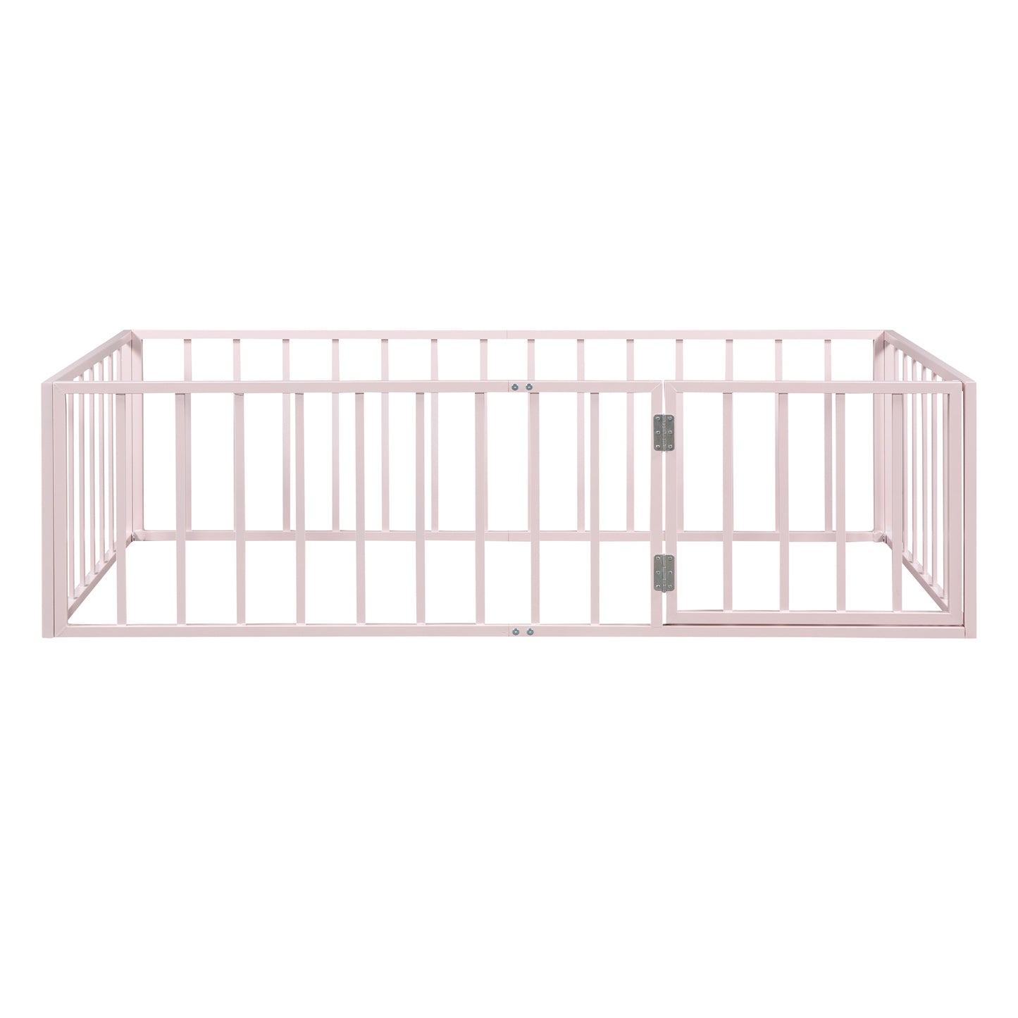 Girls, Twin Size Metal Floor Bed Frame with Fence & Door