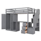 Twin Size Loft Bed with Wardrobe and Staircase, Desk and Storage Drawers and Cabinet in 1,Gray