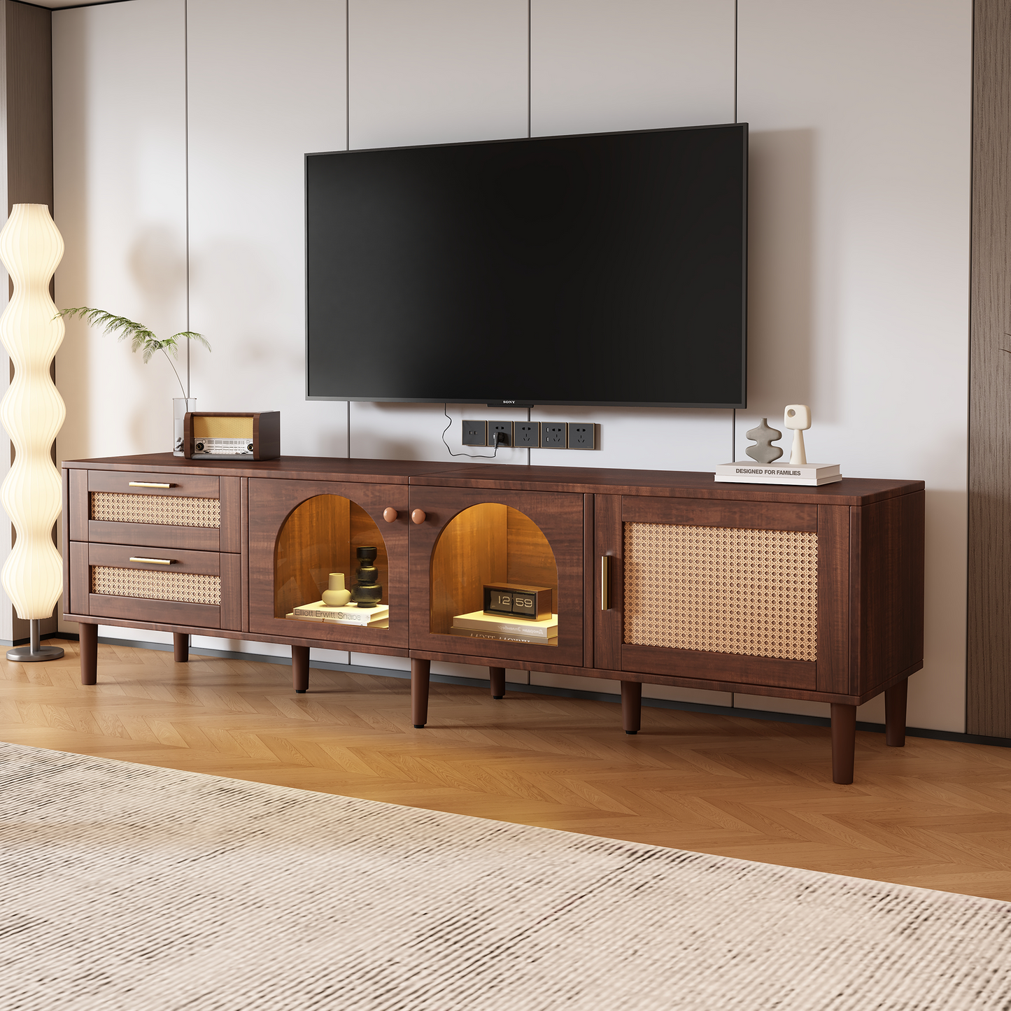 Rattan TV Stand with 3 Cabinets & 2 Drawers, Rattan-inspired Media Console Table for TVs up to 80'', LED Light Entertainment Center, TV cabinet for Living room, Bedroom, Home Theatre