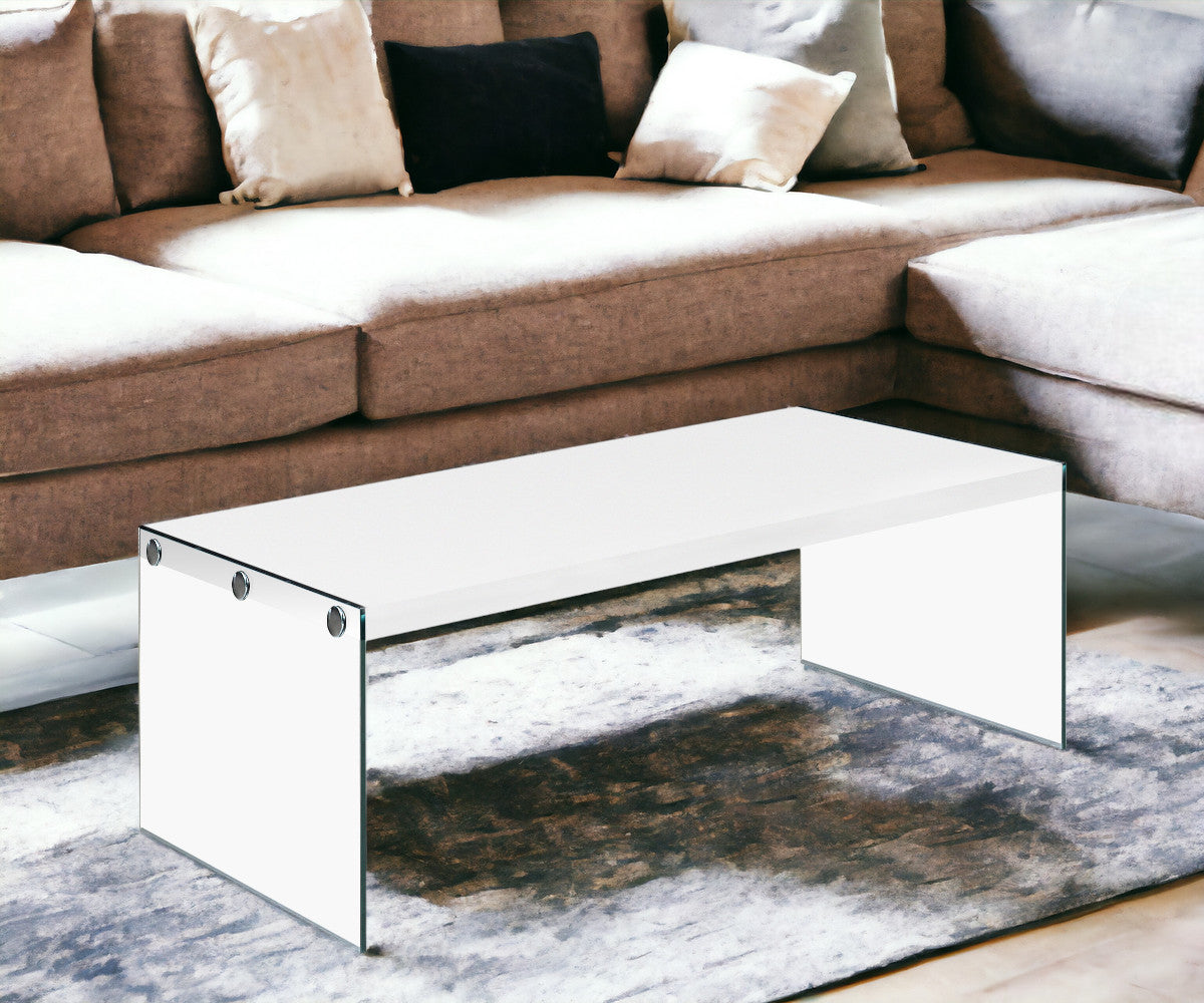 44" White And Clear Wood And Glass Coffee Table