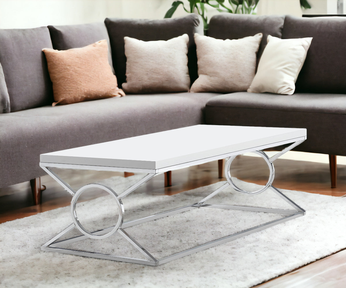 44" White And Silver Wood And Iron Coffee Table