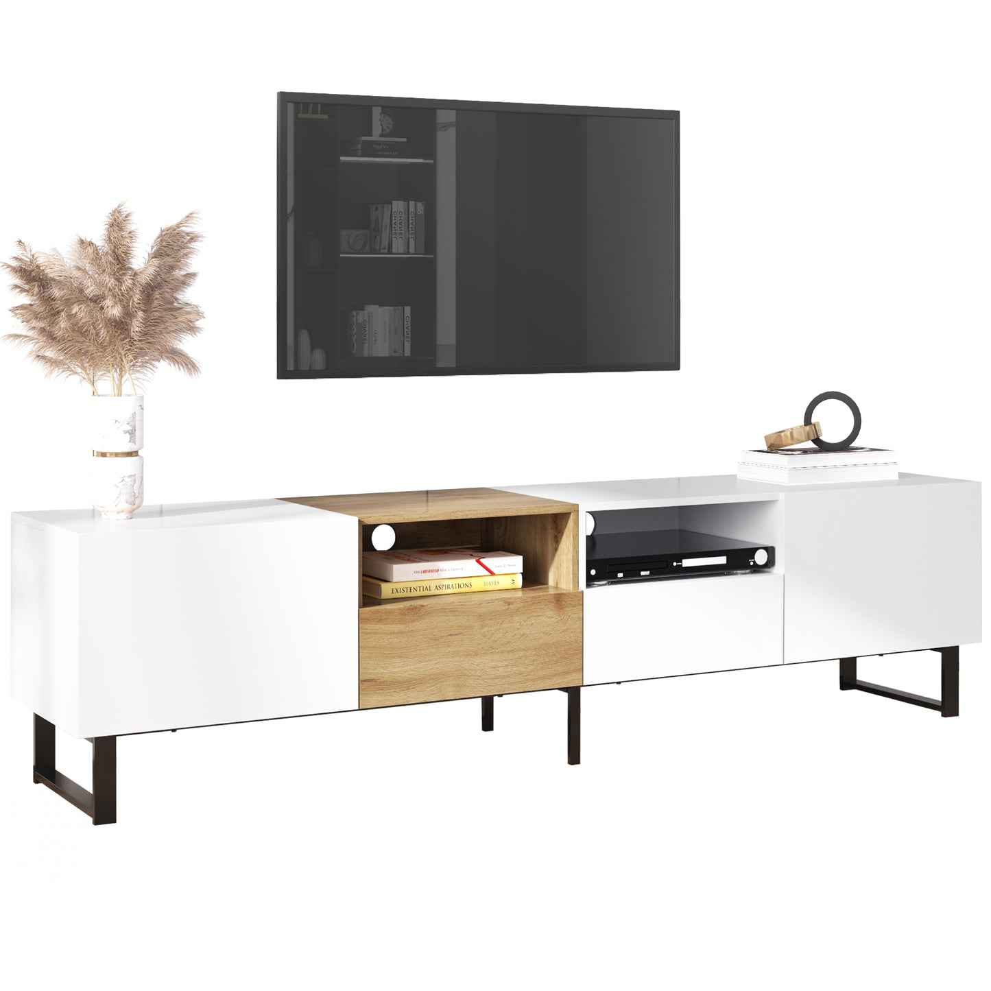 Modern TV Stand with 2 Cabinets & Open Storage Compartment for up to 85'' TV's