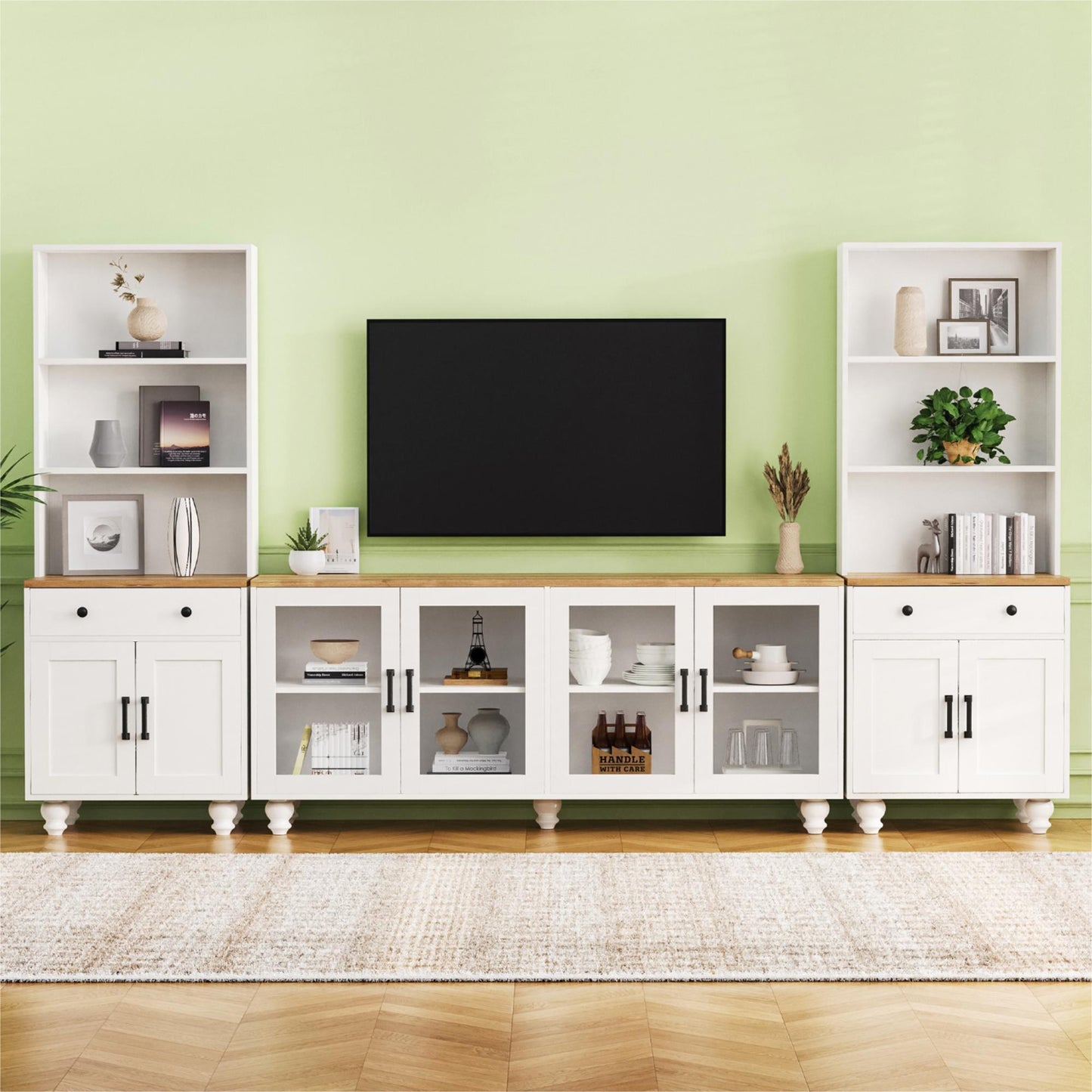 ON-TREND Farmhouse TV Stand with Solid Wood Gourd-Shaped Legs for TVs Up to 70", Entertainment Center with Bookshelves & Tempered Glass Doors, Media Console with Adjustable Shelves, Living Room, White