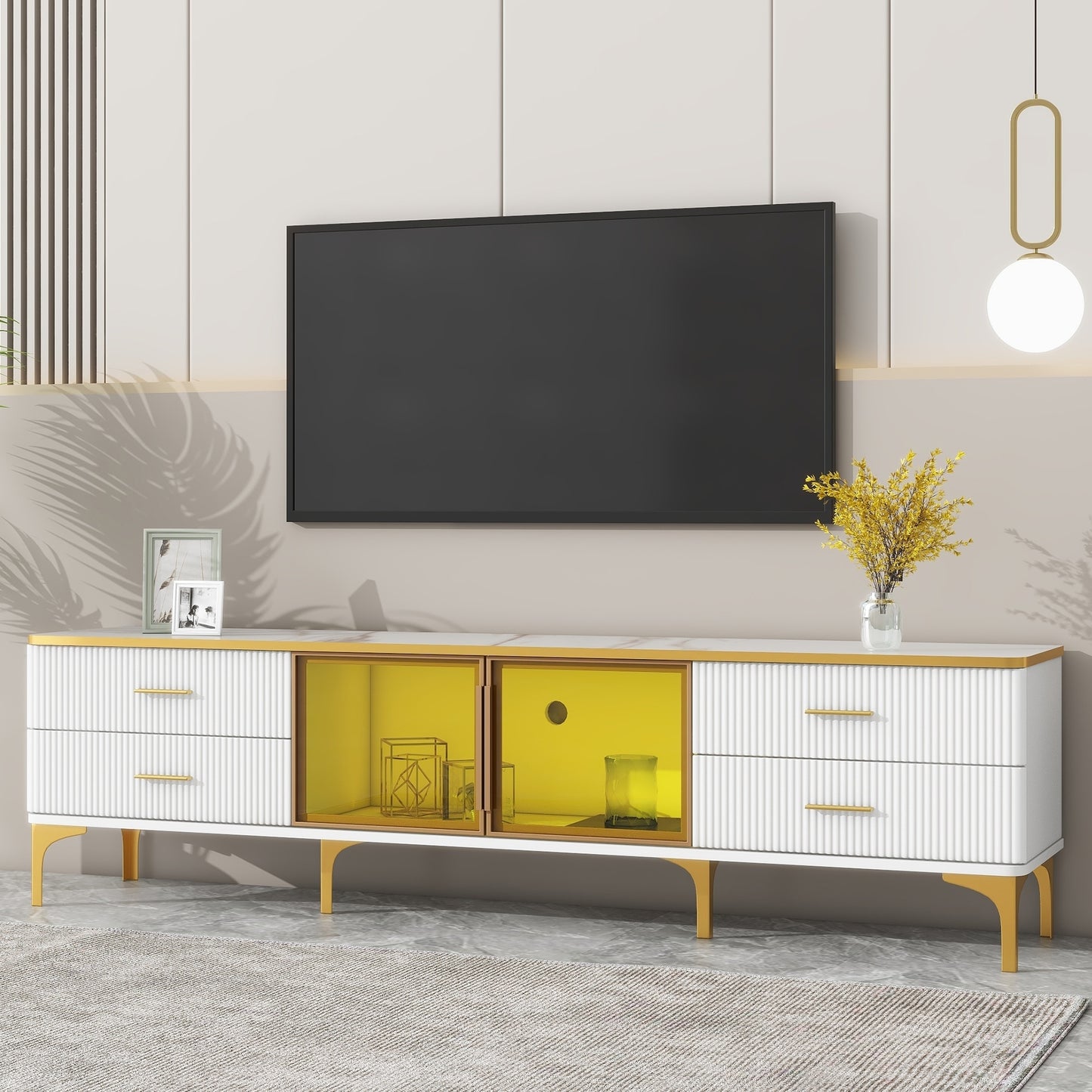 ON-TREND Stylish LED TV Stand with Marble-veined Table Top for TVs Up to 78'', Entertainment Center with Brown Glass Storage Cabinet, Golden Legs & Handles for Living Room, White