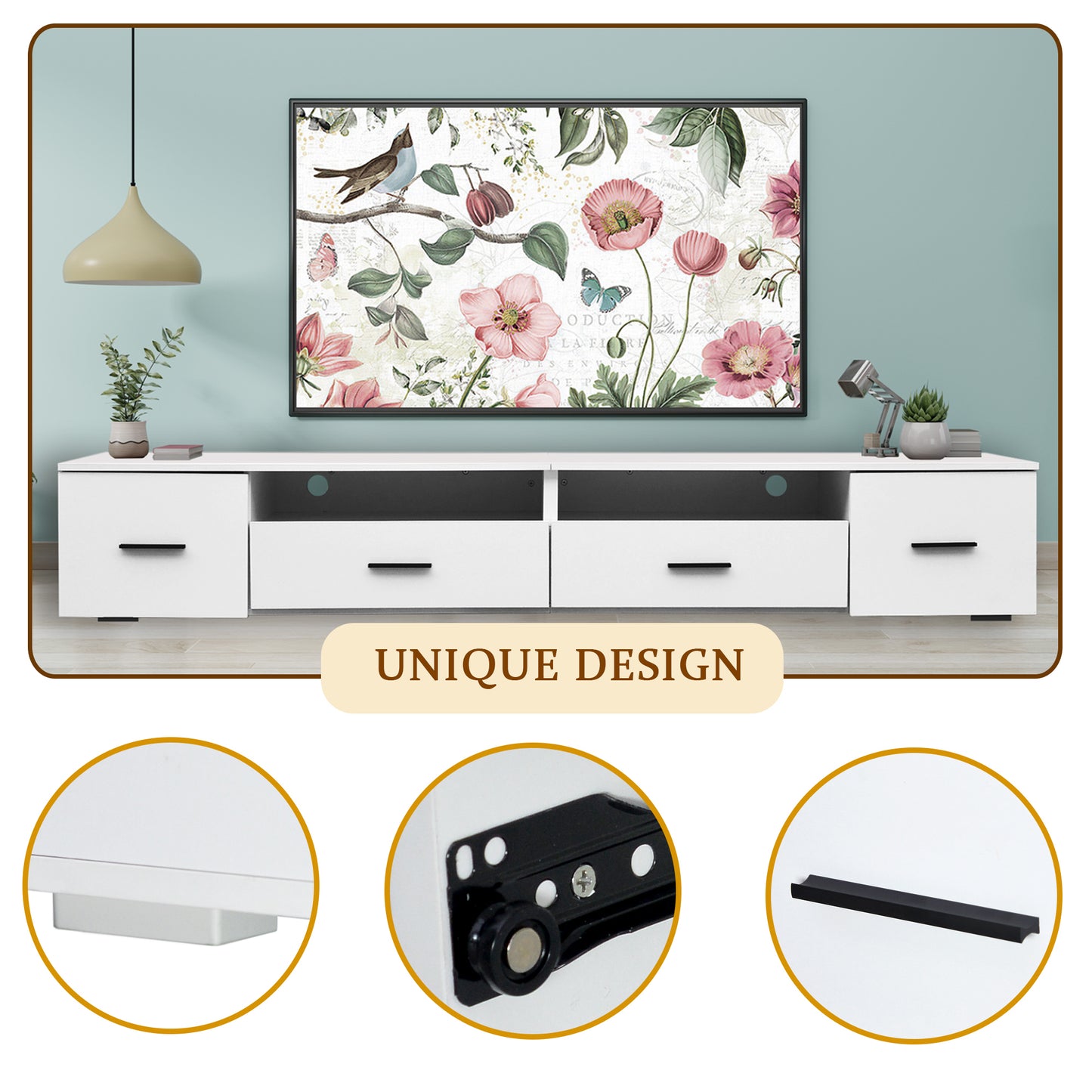 White TV Stand for Living Room,  Modern Entertainment Center Stand for TV Up to 90 Inch, Large Led TV Stand with 4 Storage Drawers, High Glossy Waterproof  TV Console, TV Table Media Furniture