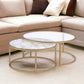 Set of Two 36" Clear White And Gold Glass Faux Marble And Iron Round Nested Coffee Tables