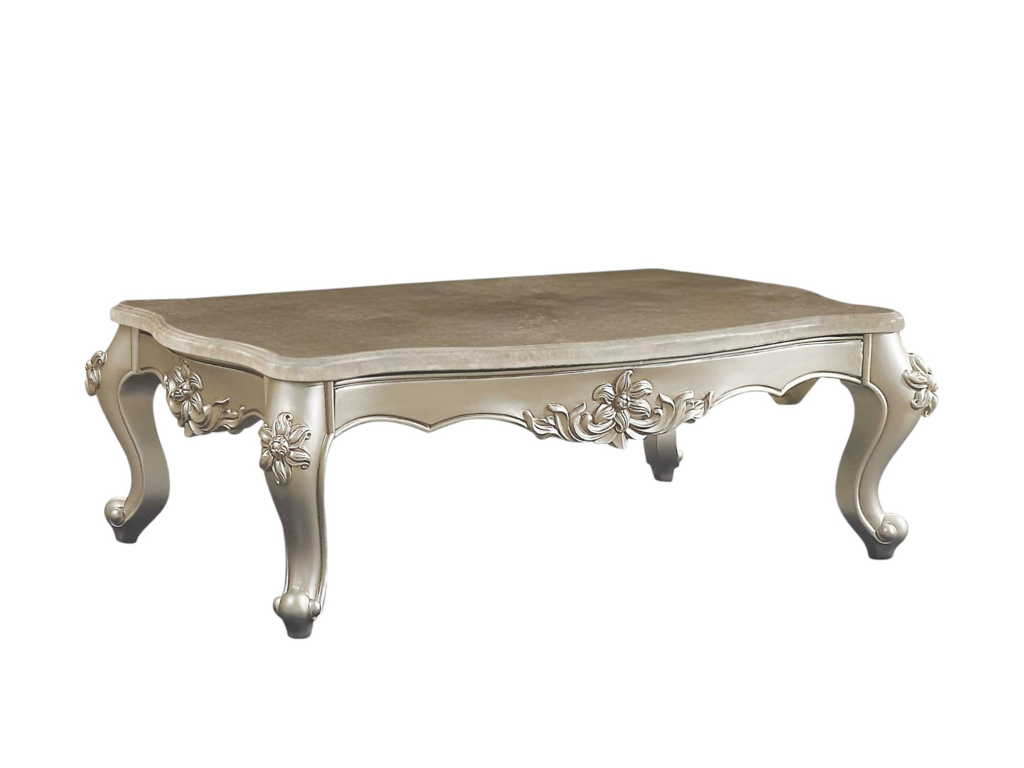 57" Beige Genuine Marble And Solid Wood Coffee Table