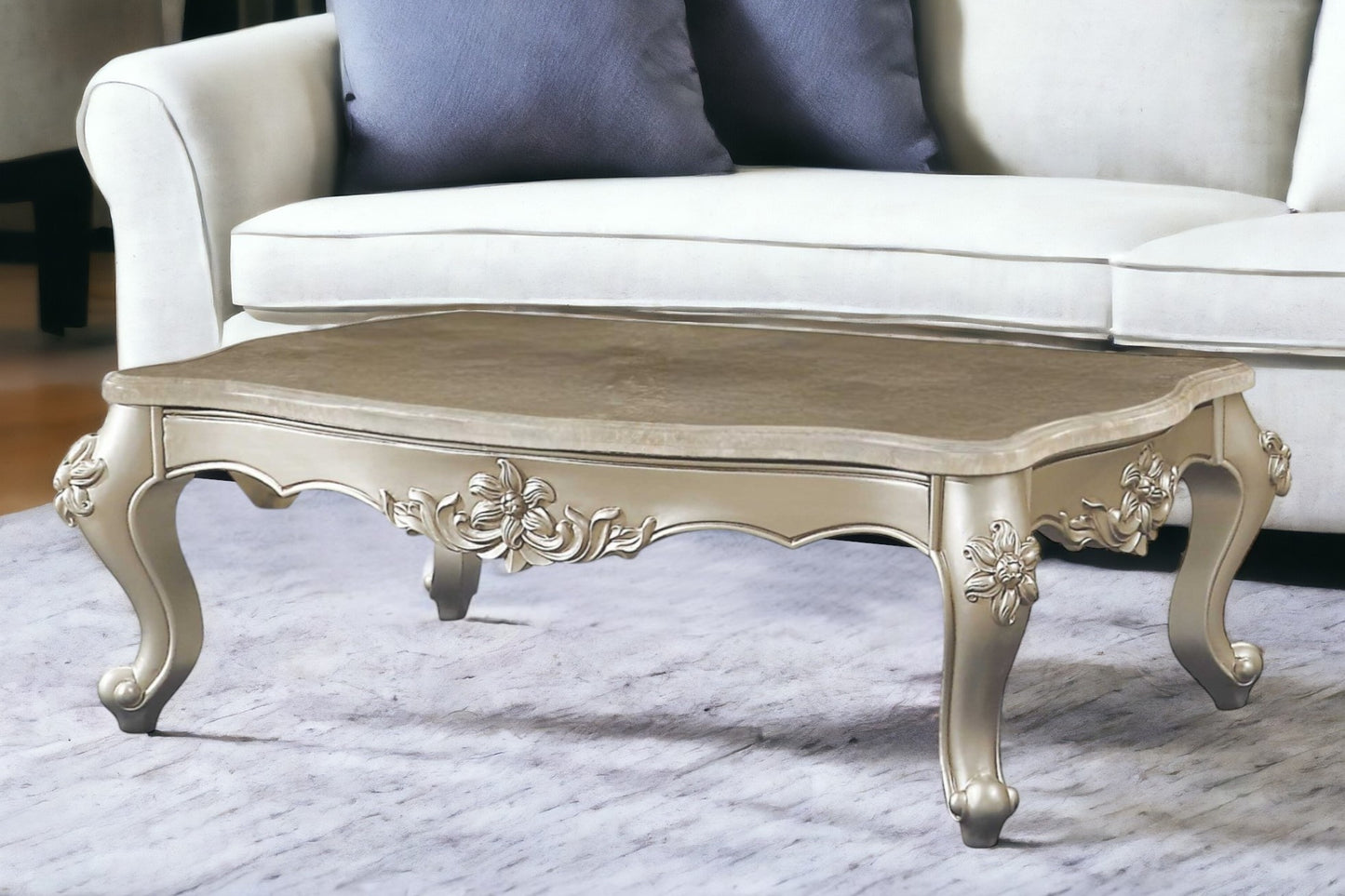 57" Beige Genuine Marble And Solid Wood Coffee Table