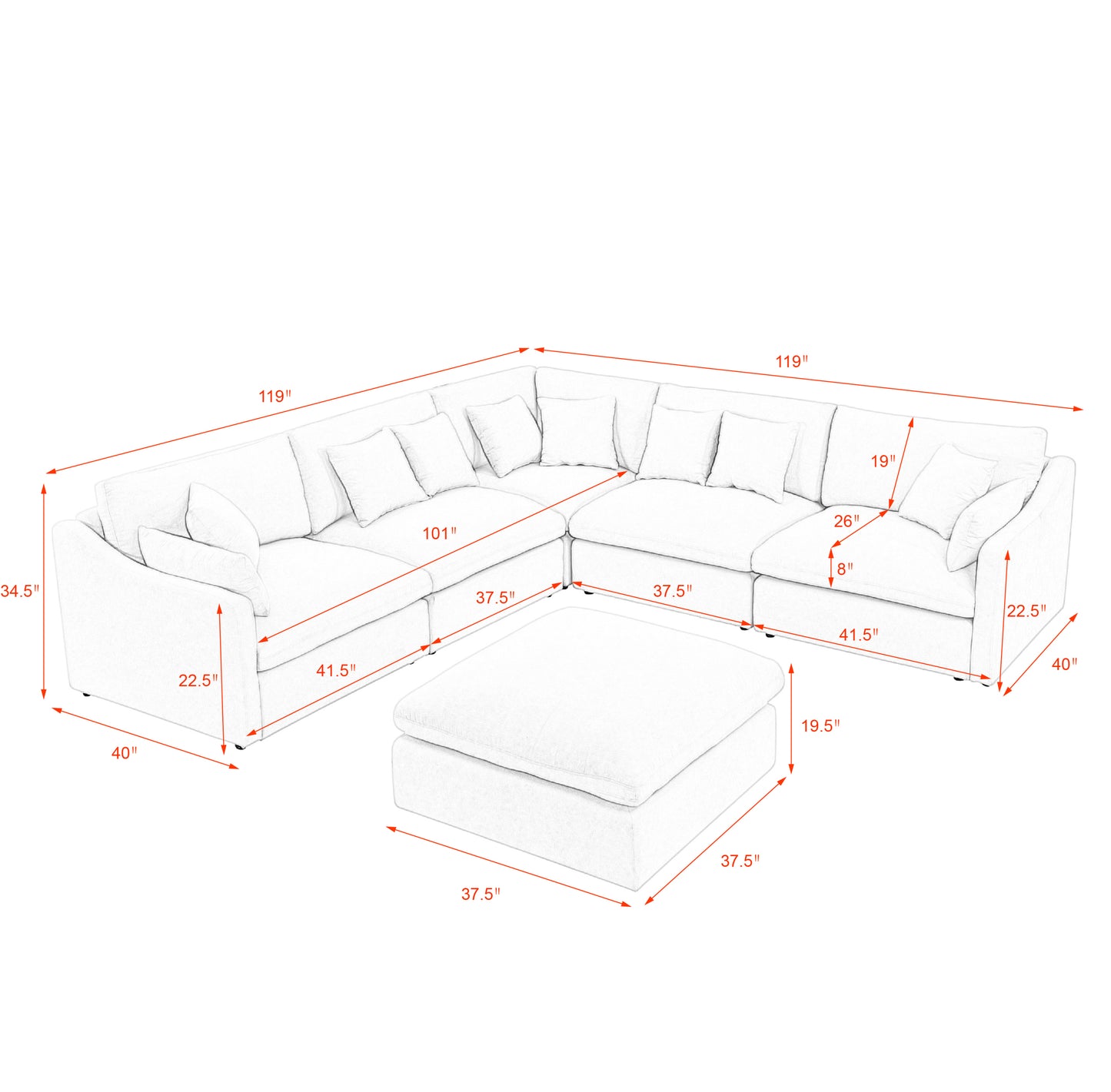 Modular L-Shaped Sectional Sofa- 6-Seats