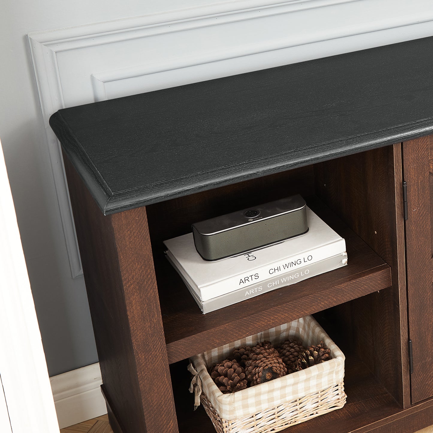 Modern Farmhouse Entertainment Console, Barn Door Design with Shelves and Cabinets For up to 80'' TV's