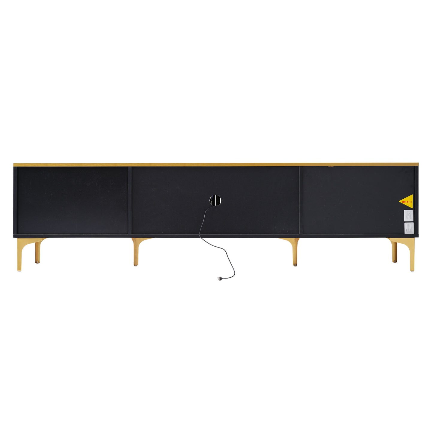 ON-TREND Stylish LED TV Stand with Marble-veined Table Top for TVs Up to 78'', Entertainment Center with Brown Glass Storage Cabinet, Golden Legs & Handles for Living Room, Black