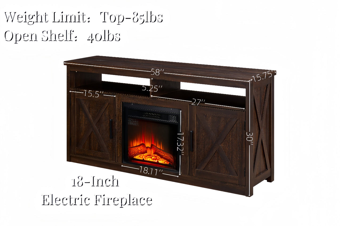 Farmhouse Barn Door Entertainment Console with 18'' Fireplace Insert & Storage for up to 65" TV's