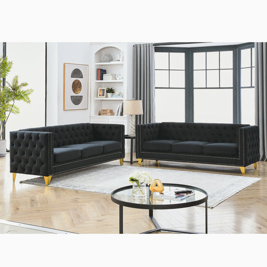 Velvet Tufted Square Arm Couch with Metal Legs - 2PCS