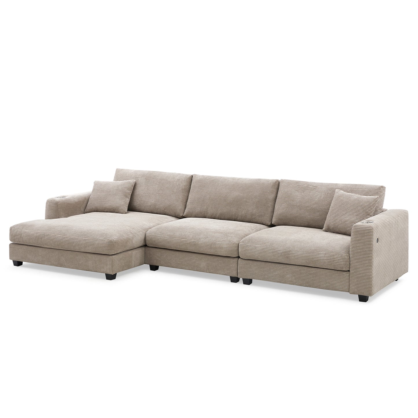 Oversized Corduroy L-Shaped Sectional Sofa with USB Ports & Cup Holders