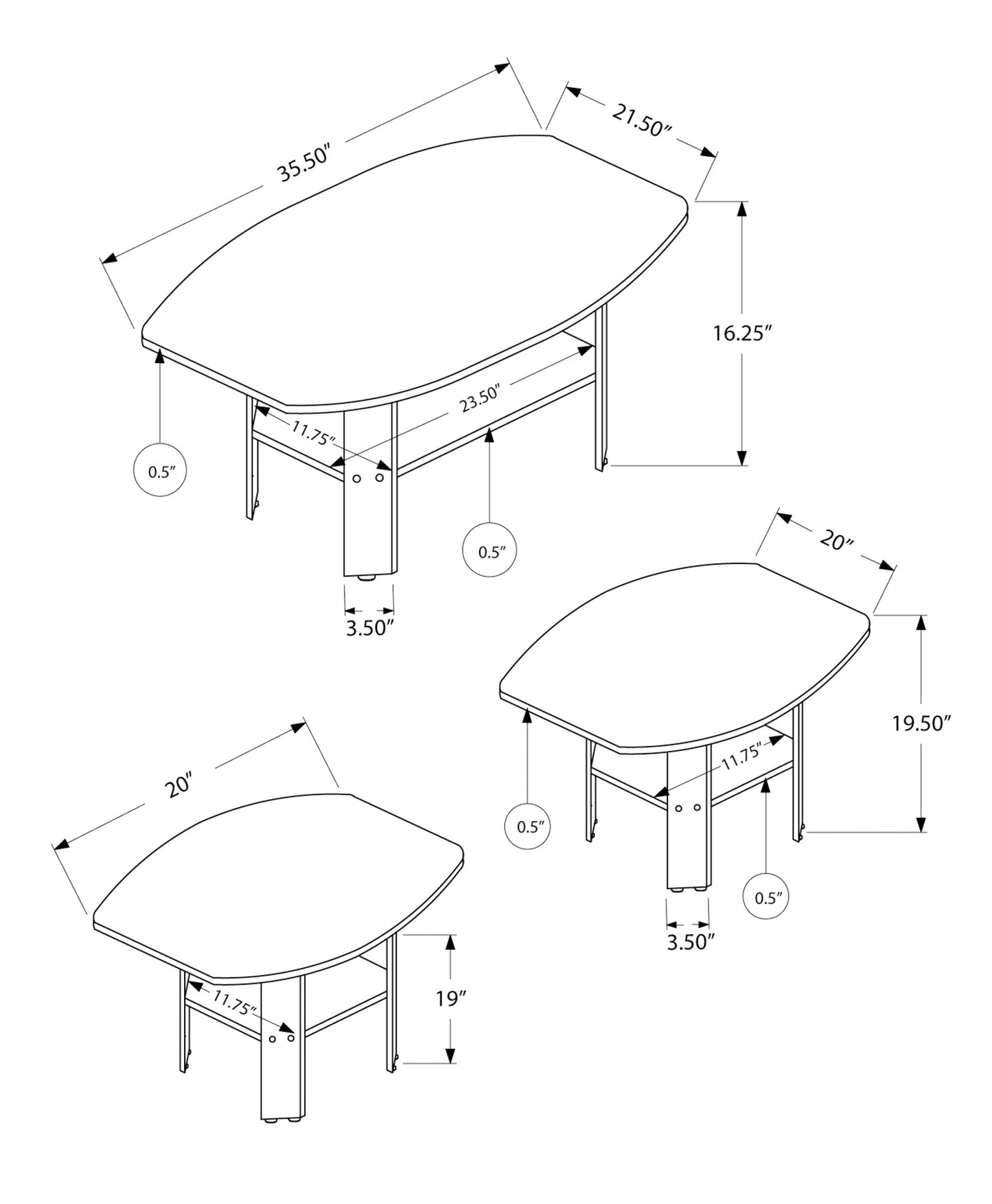 Set of Three 36" Gray And Black Wood Coffee Table With Shelf