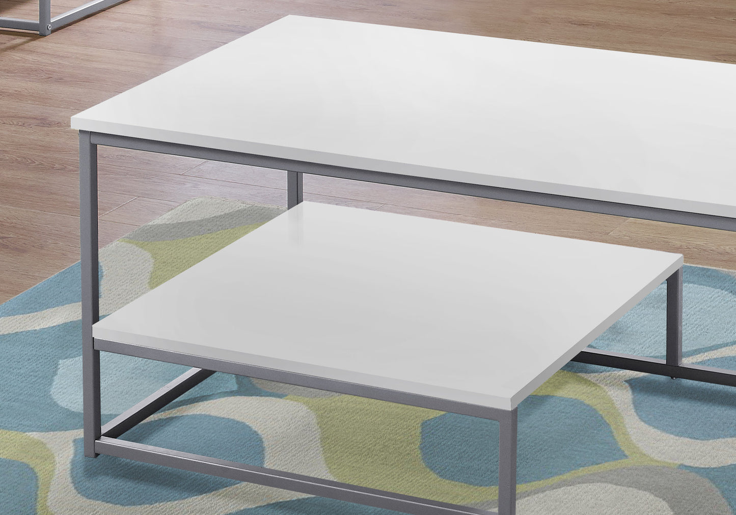 Set of Three 42" White And Silver Metal Coffee Table With Shelf