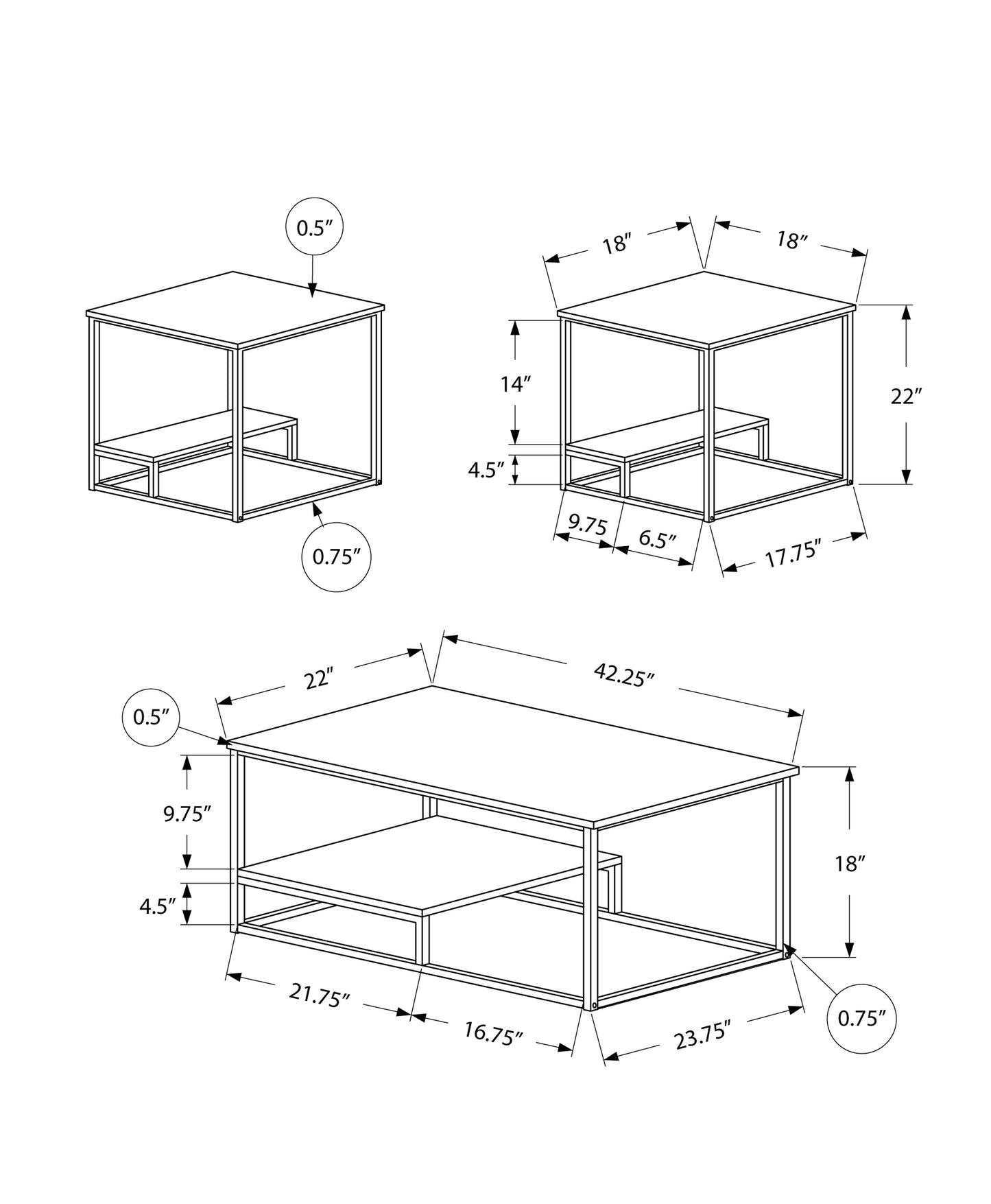 Set of Three 42" White And Silver Metal Coffee Table With Shelf