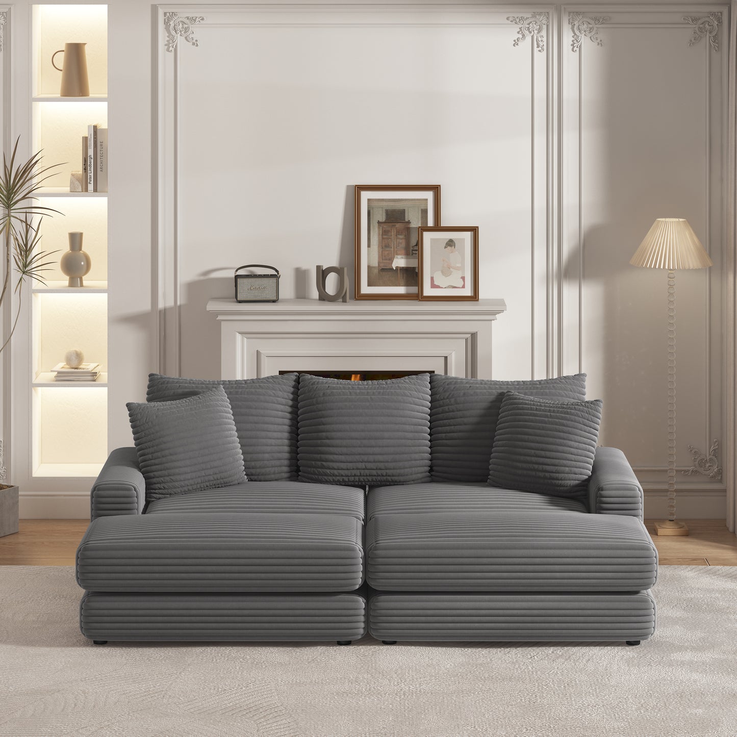 Corduroy 3-Seater Sofa with Dual Ottomans & Plush Pillows