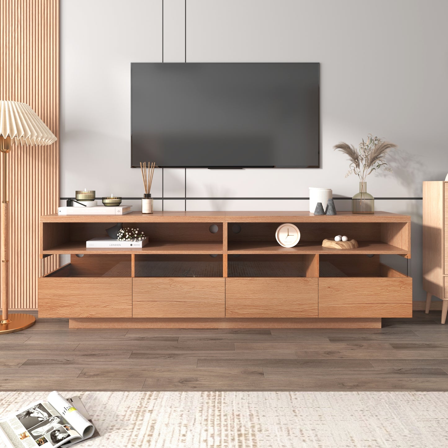 Modern TV Stand with 4 Drawers & 2 Open Cabinets For up to 75" TV's