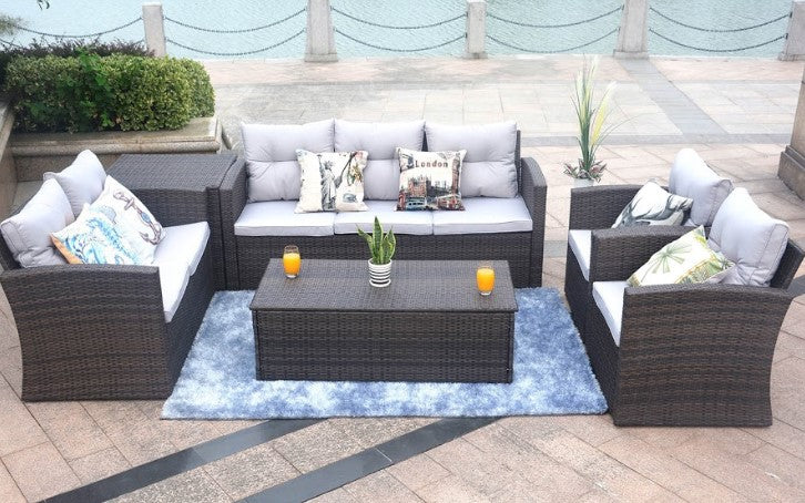 Six Piece Outdoor Brown Metal Sofa Seating Group With Cushions