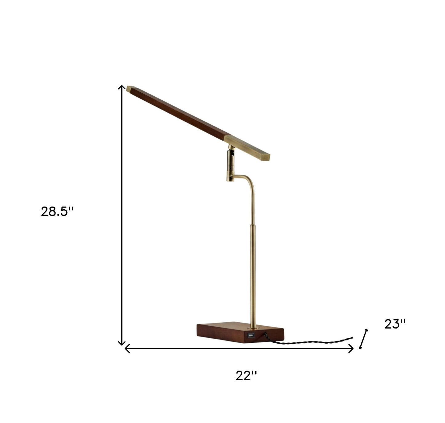 Walnut Wood Finish And Antique Brass Metal Adjustable Led Desk Lamp With Usb Port