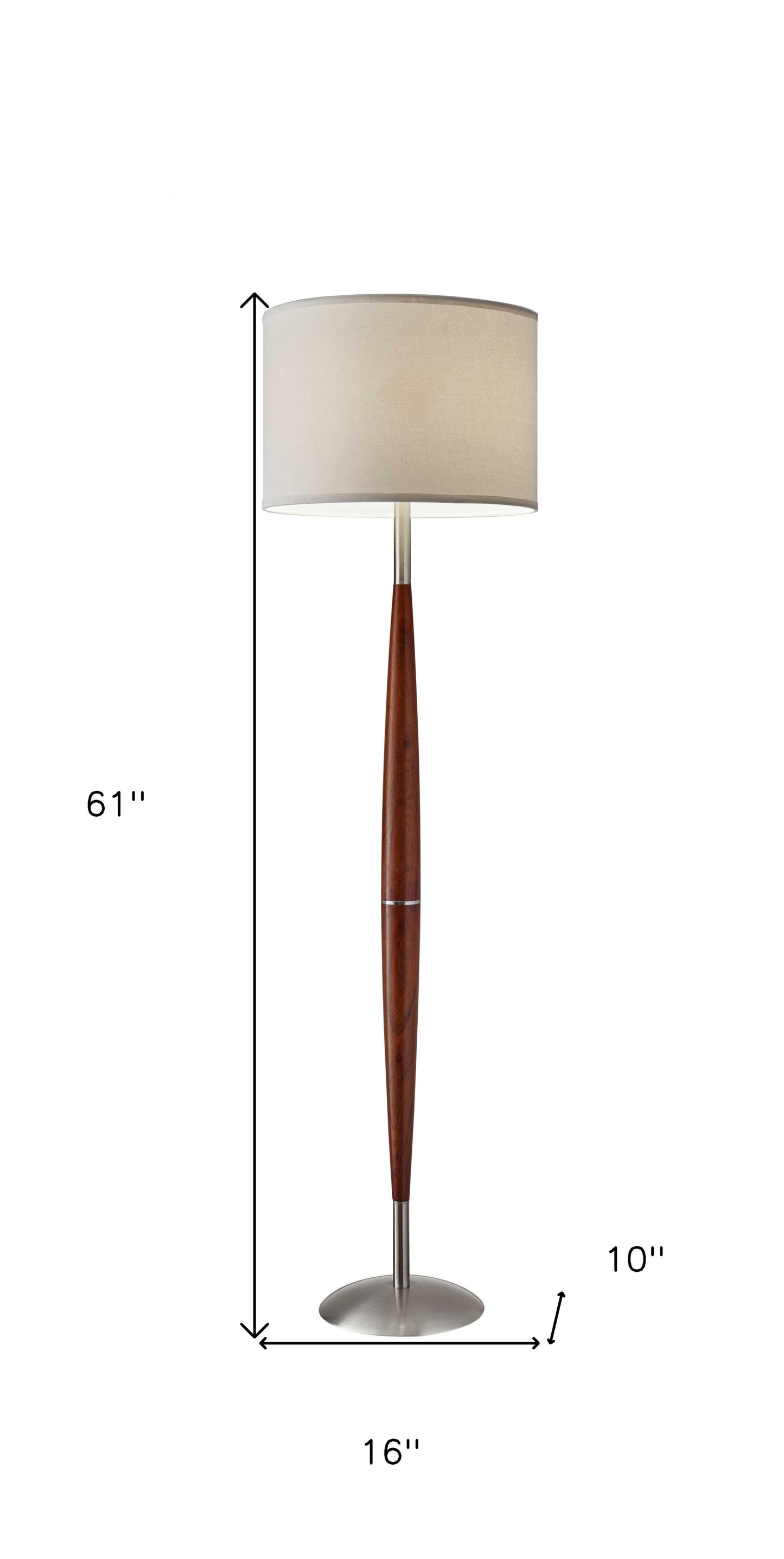 61" Brown Solid Wood Floor Lamp With White Fabric Drum Shade