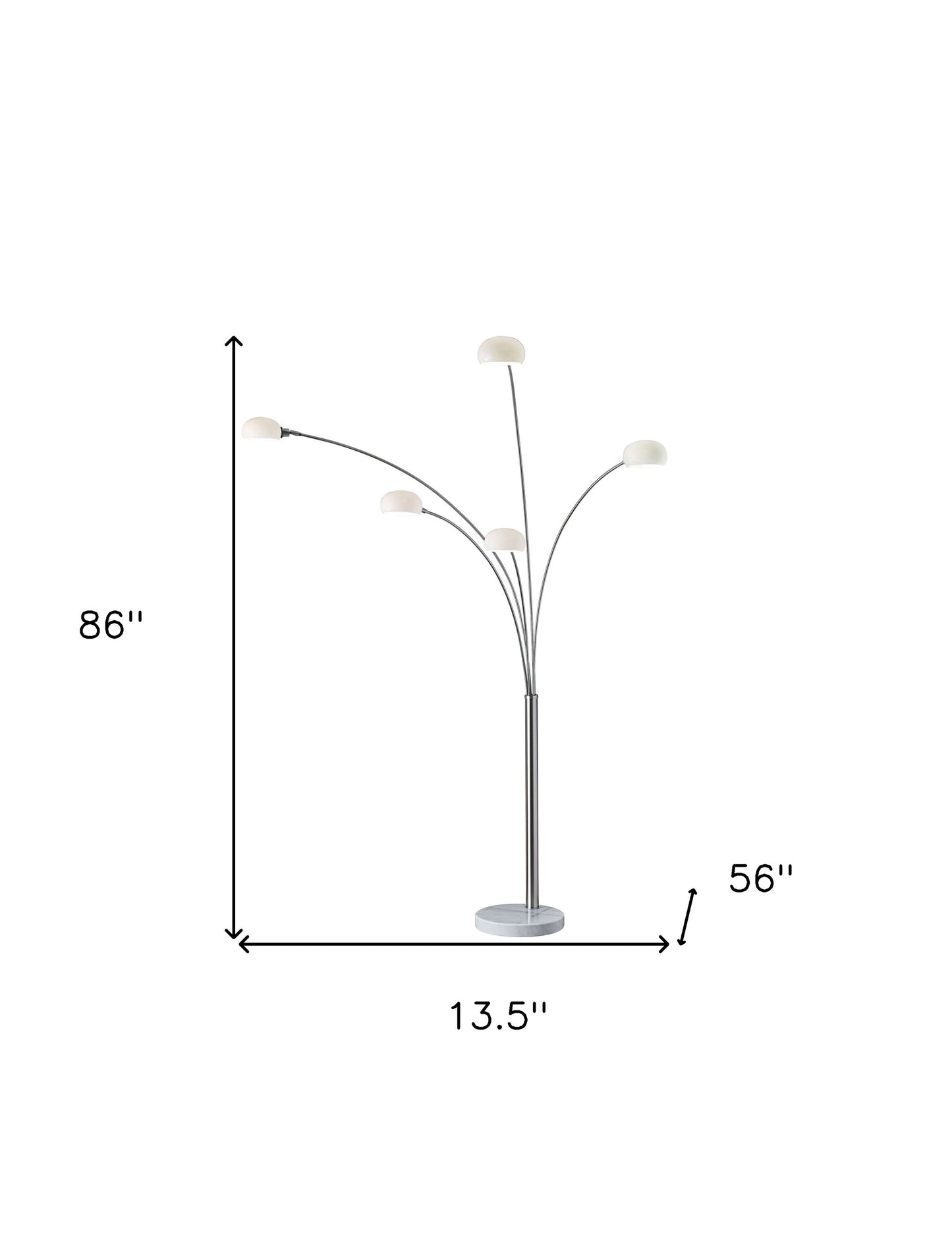 86" Steel Five Light Tree Floor Lamp With White Glass Dome Shade