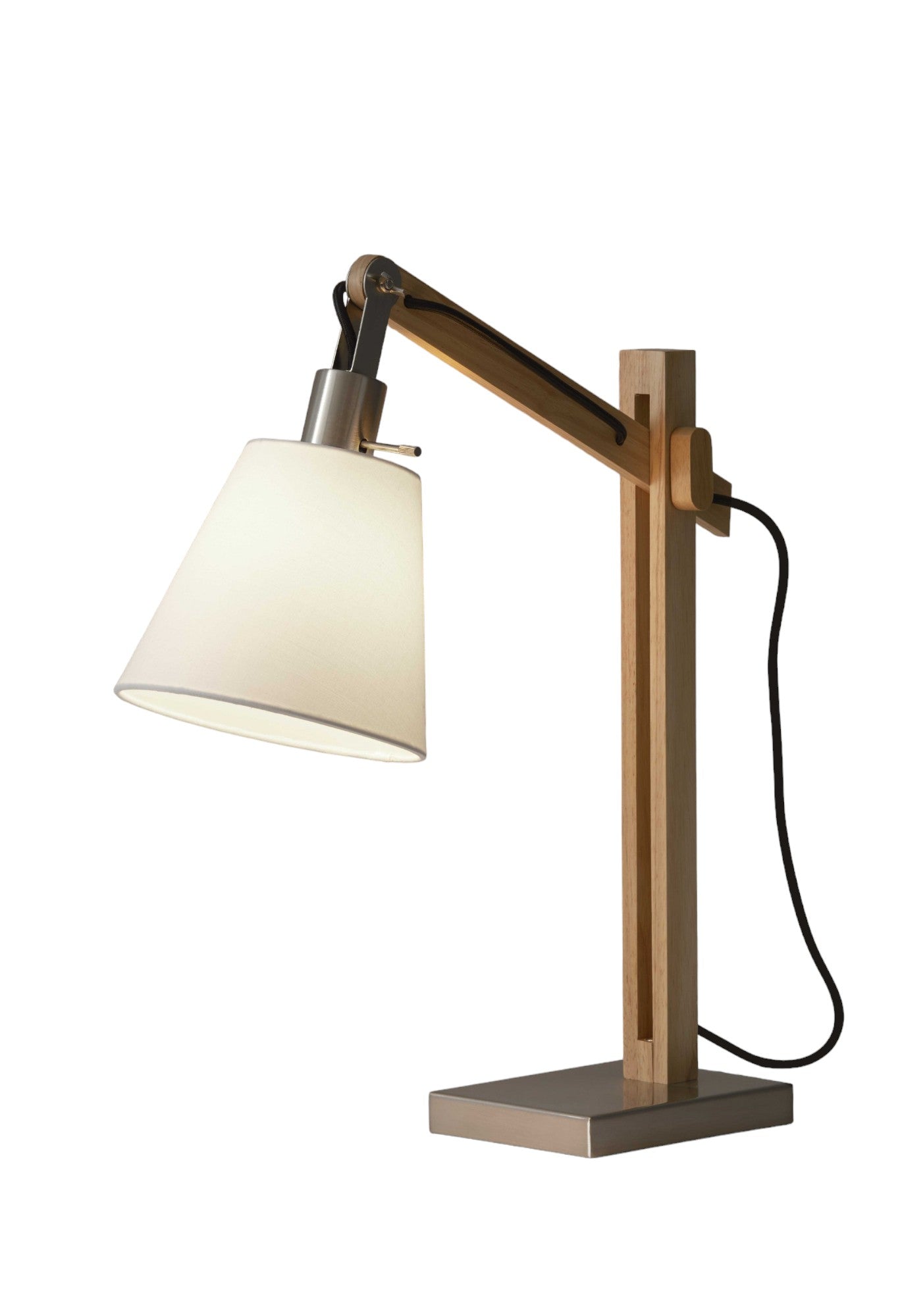 25" Natural Wood Adjustable Height Table Lamp With White Bell Shade