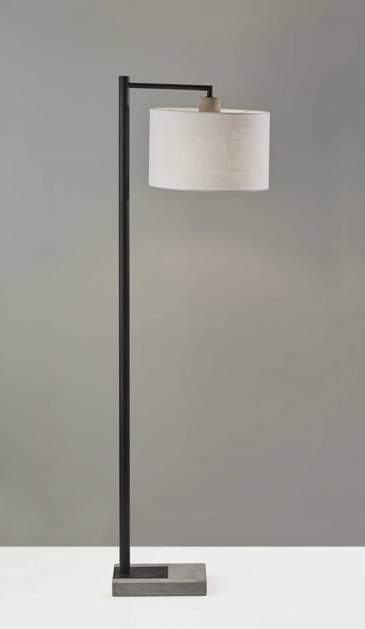 61" Grey And Black Arc Floor Lamp With White Fabric Drum Shade