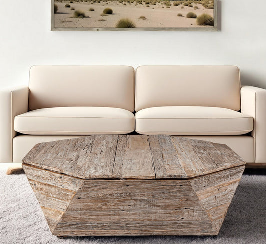 49" Natural Octagon Distressed Lift Top Coffee Table