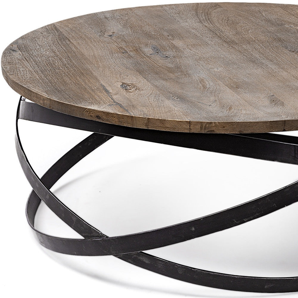 41" Brown And Black Solid Wood And Metal Round Coffee Table