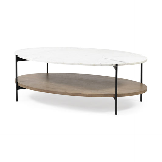 30" Brown And Black Wood And Metal Oval Coffee Table