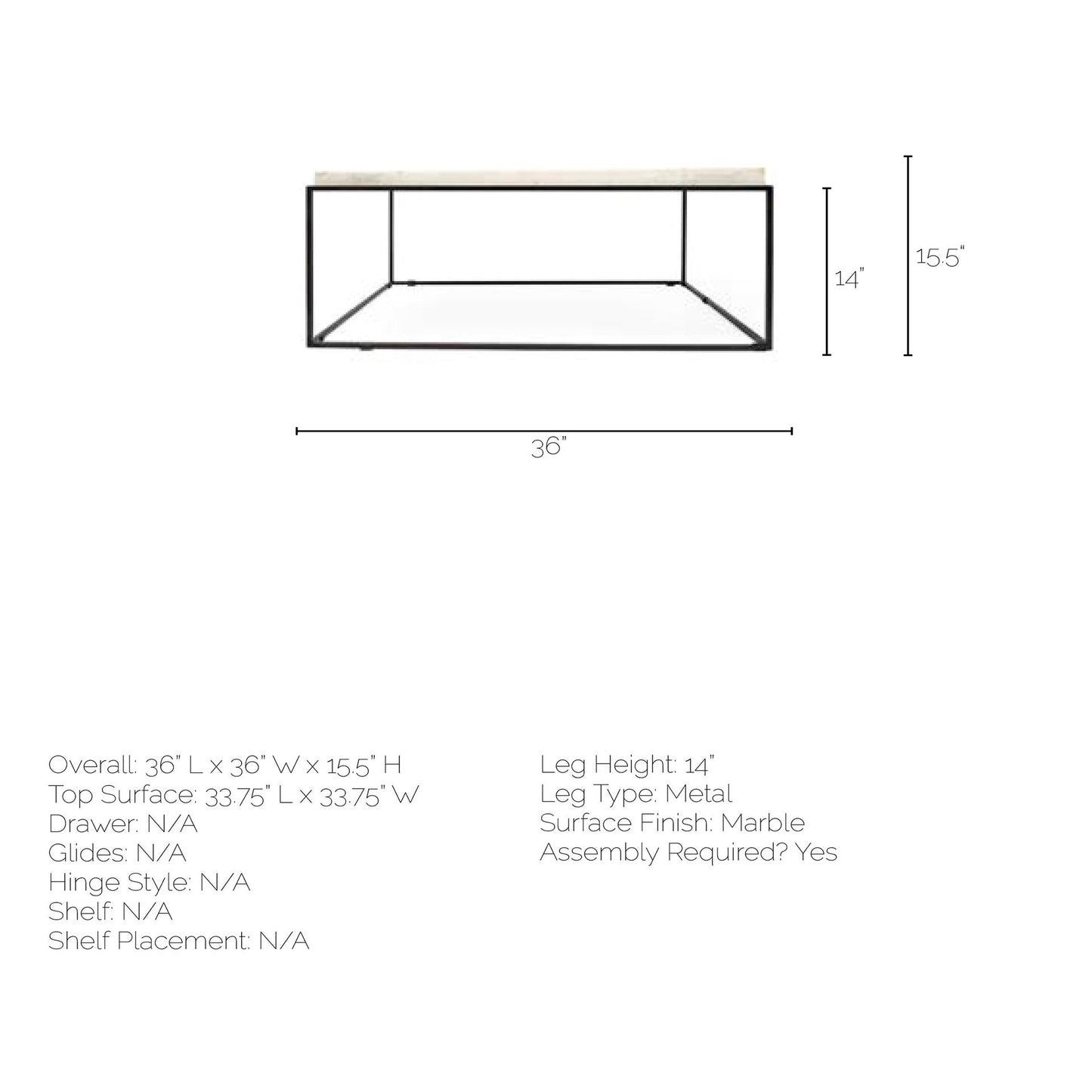 36" White And Black Genuine Marble And Metal Square Coffee Table